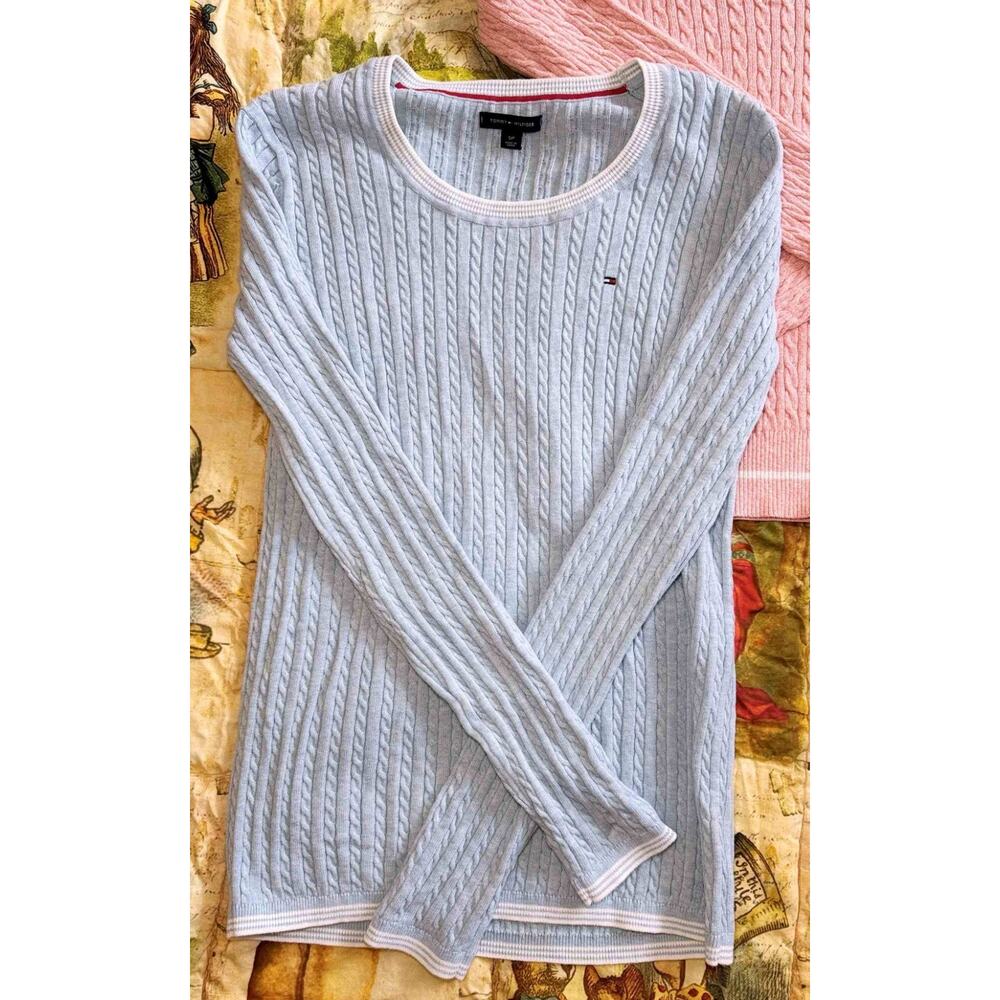 Lot of 3 Tommy Hilfiger Womens Cable Knit Sweaters Small Pink Blue Crew V-neck - Picture 5 of 13